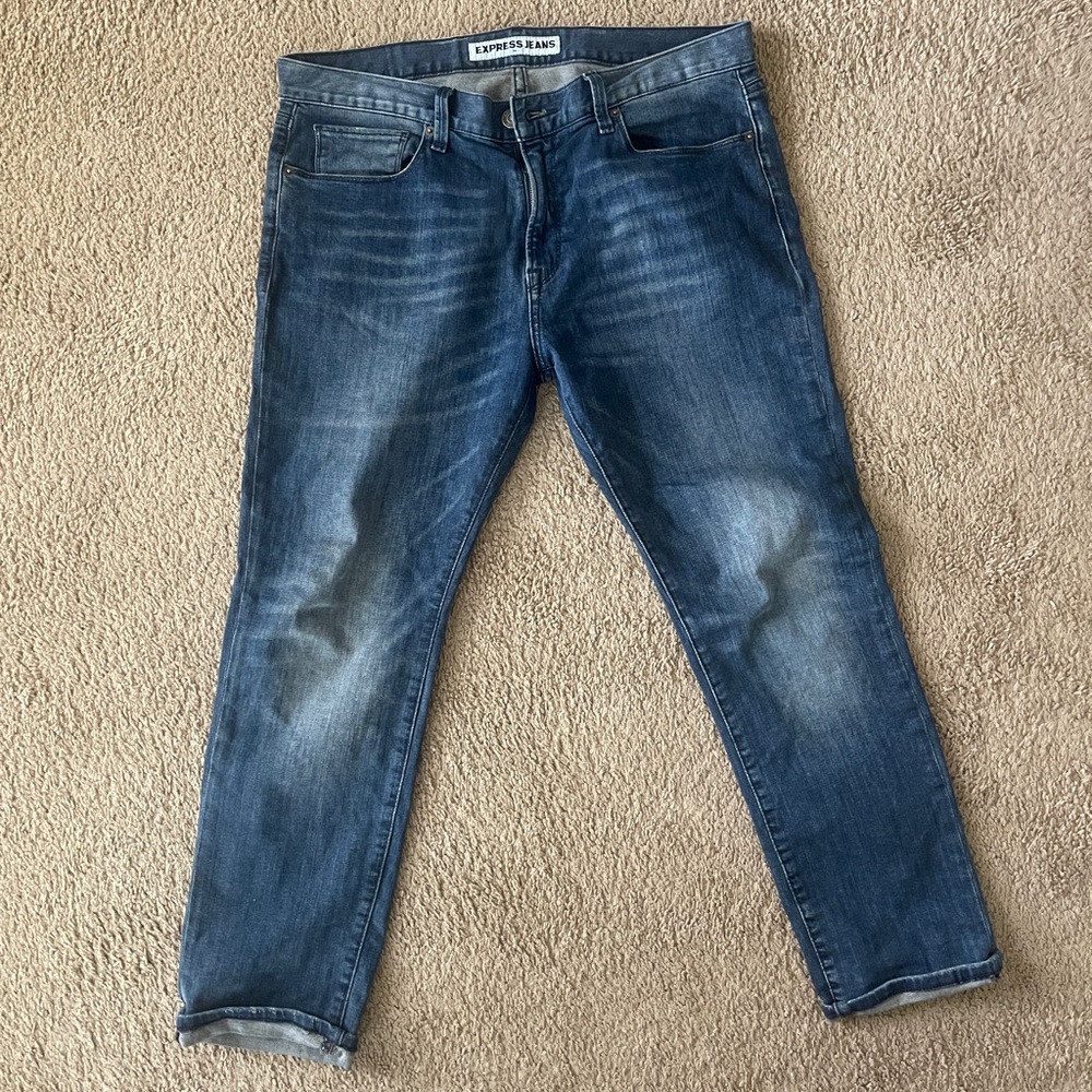 Express men slim fit skinny leg jeans size 36x30 in blue denim